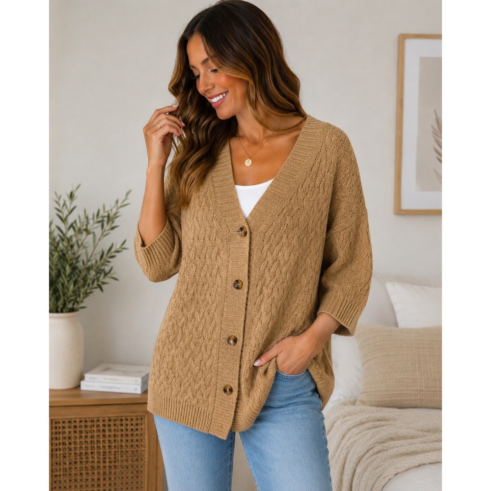 Cable Knit Button Front Cardigan Sweater Womens 1x Tan Camel Minimalist
